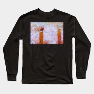Winter Robin on a Fence Impressionist Painting Long Sleeve T-Shirt